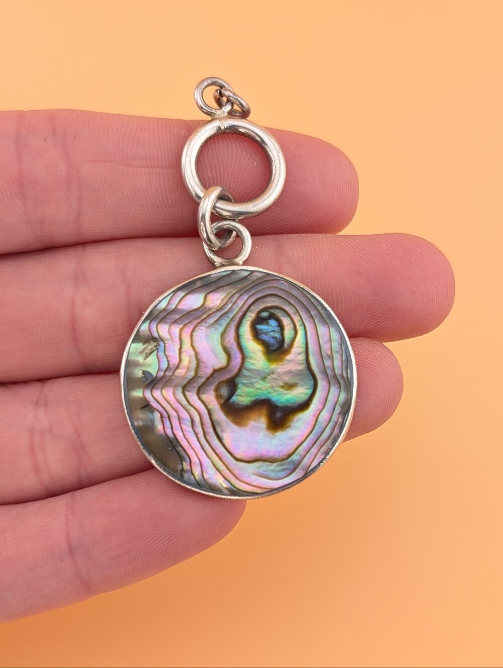 Large Abalone 925 Sterling Silver Round Charm Pendant • Boho Beachy Coastal